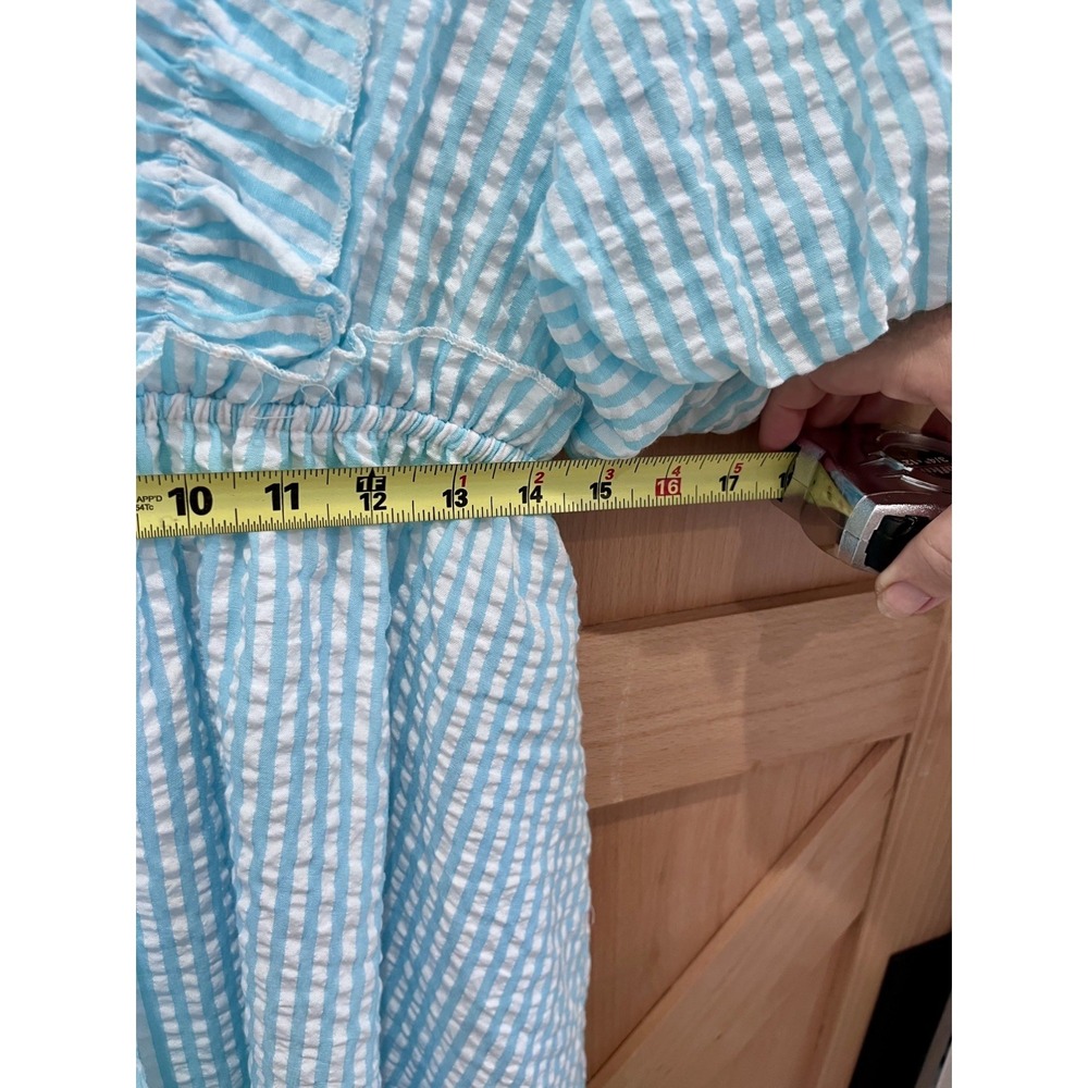 NWT Merci Aqua White Large Smock Ruffle Puff Sleeve Seersucker Dress Coastal - Picture 6 of 8